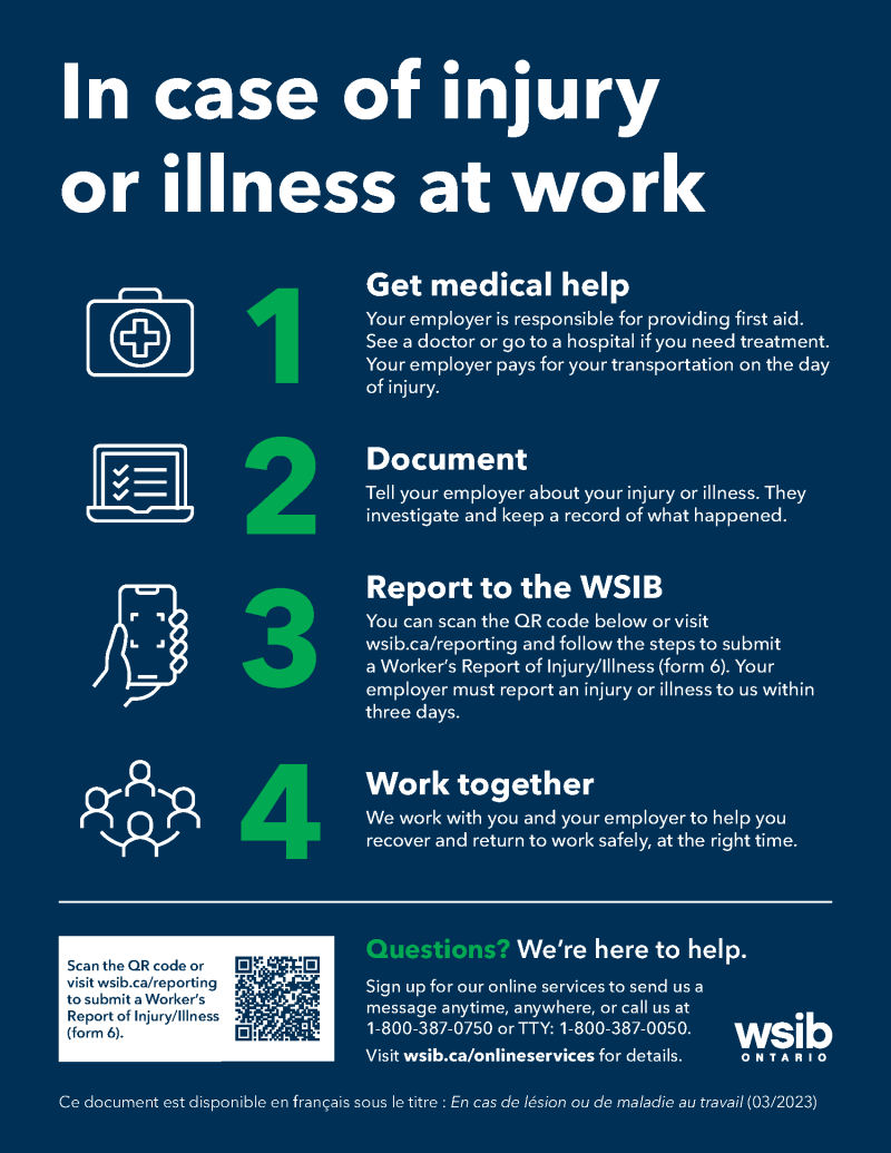 In case of injury or illness at work poster from WSIB