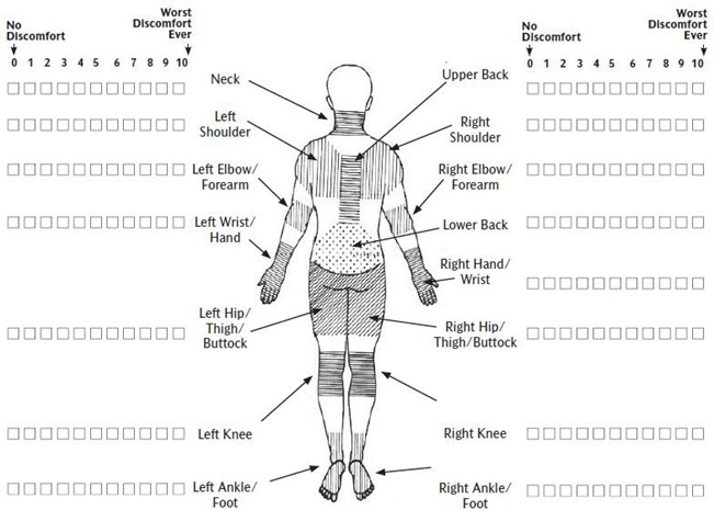 worker discomfort survey diagram showing the different body areas that could experience discomfort.