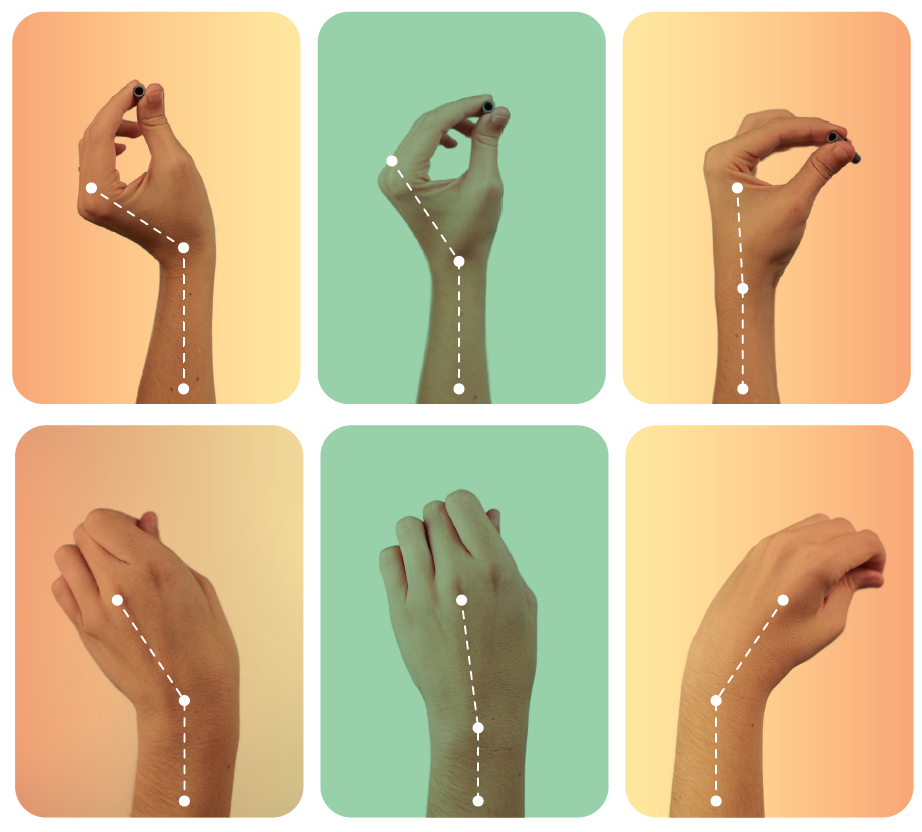 examples of different hand and wrist postures when using the pinch grip