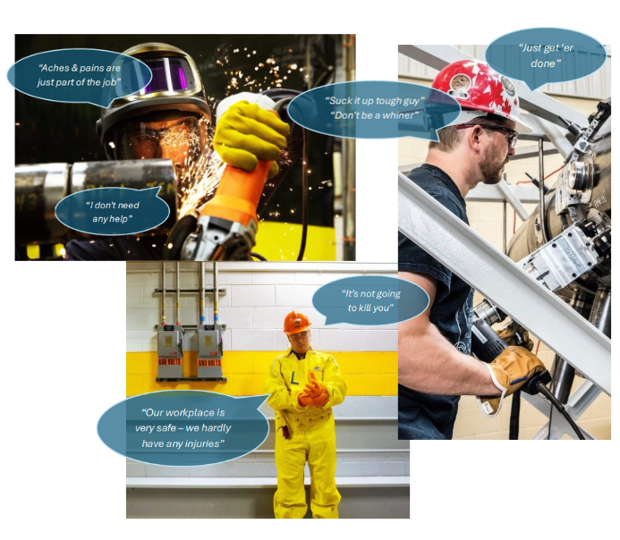picture showing workers using the 'old mindset' phrases, like 'suck it up'