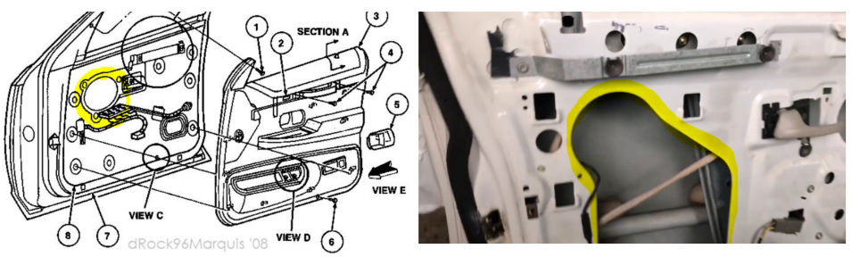 image showing the small opening in the car door before changes were made (left) and the larger hole in the car door after changes were made (right). openings are highlighted in yellow