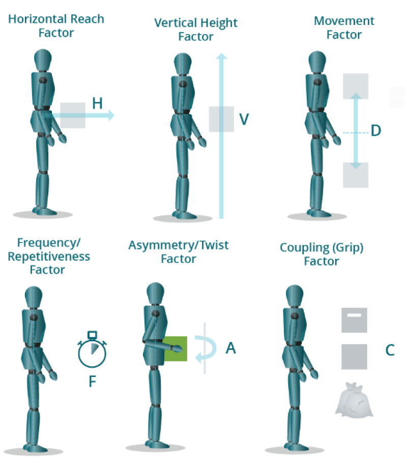 mannequins showing the 6 NIOSH risk factors 