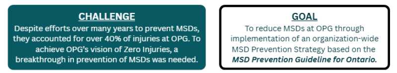 CHALLENGE Despite efforts over many years to prevent MSDs, they accounted for over 40% of injuries at OPG. To achieve OPG’s vision of Zero Injuries, a breakthrough in prevention of MSDs was needed. GOAL To reduce MSDs at OPG through implementation of an organization-wide MSD Prevention Strategy based on the  MSD Prevention Guideline for Ontario.