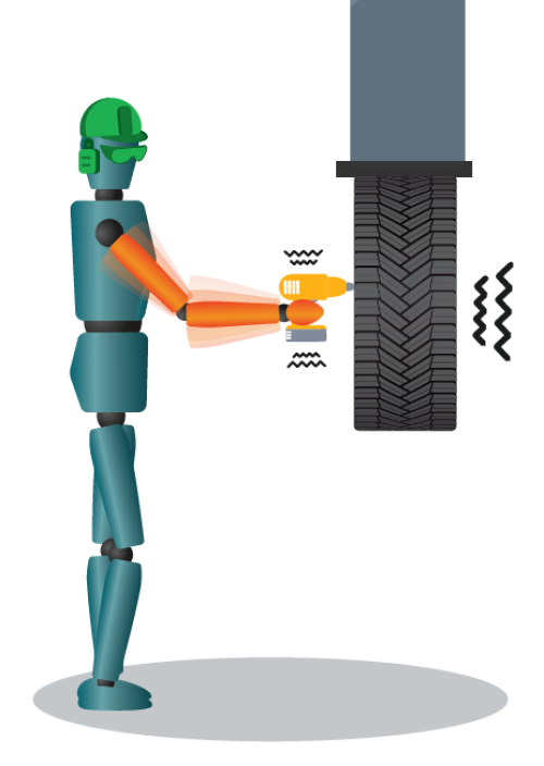 mannequin is drilling a tire, and experiencing vibration from the drill through the hands, arms, and shoulders.