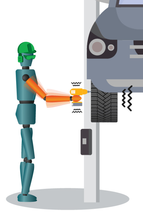 worker using a drill to secure tire onto car, experiencing vibration through the hands and arms 