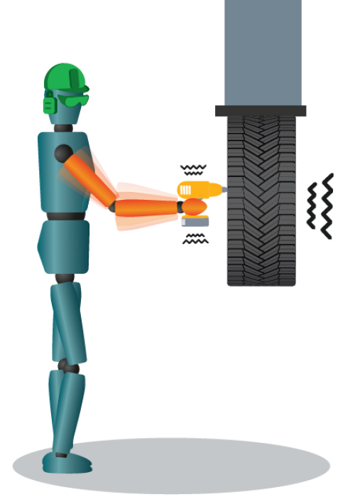 person using a drill to secure a tire on a car, experiencing vibration through their hand and arms from the drill.