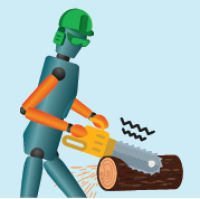 person using a chainsaw to cut a log, experiencing vibration through their hands and arms