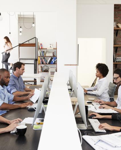 group of office workers sitting at their computers