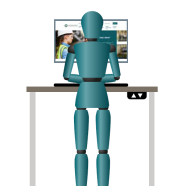 mannequin standing at sit stand desk using the computer 