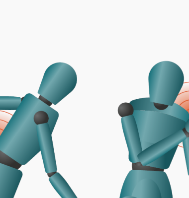 Two mannequins, one with pain in their back and another with pain in their shoulder