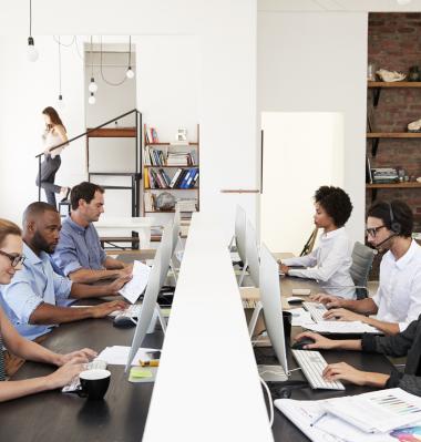 group of office workers sitting at their computers