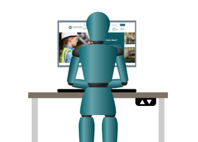 mannequin standing at sit stand desk using the computer 