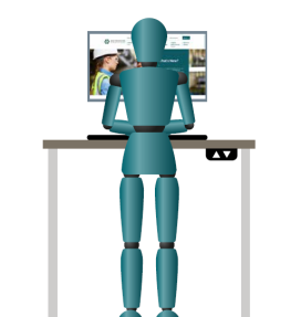 mannequin standing at sit stand desk using the computer 